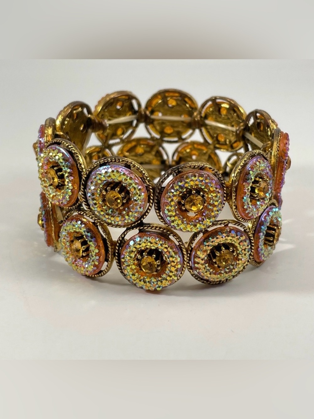 Gold Tone Yellow Rainbow Rhinestone Stretch Boho Bracelet Circles Funky Unique